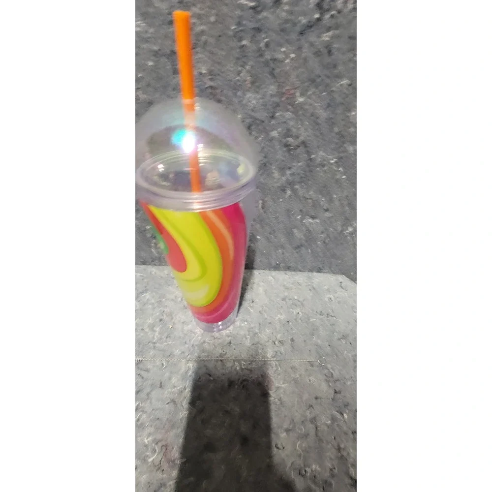 Starbucks Rainbow Swirl Cold Cup Tumbler With Dome Lid &‎ Orange Straw 24 Oz